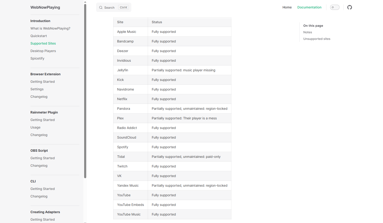 WebNowPlaying官方支持的网站